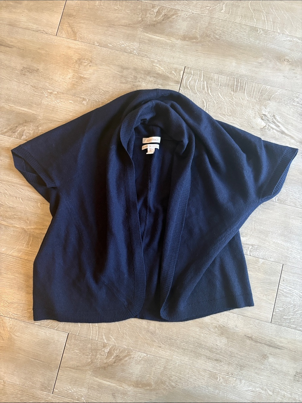 Ellen Tracy Navy Open-Front Short-Sleeve Sweater Shrug Size Fine Merino Wool